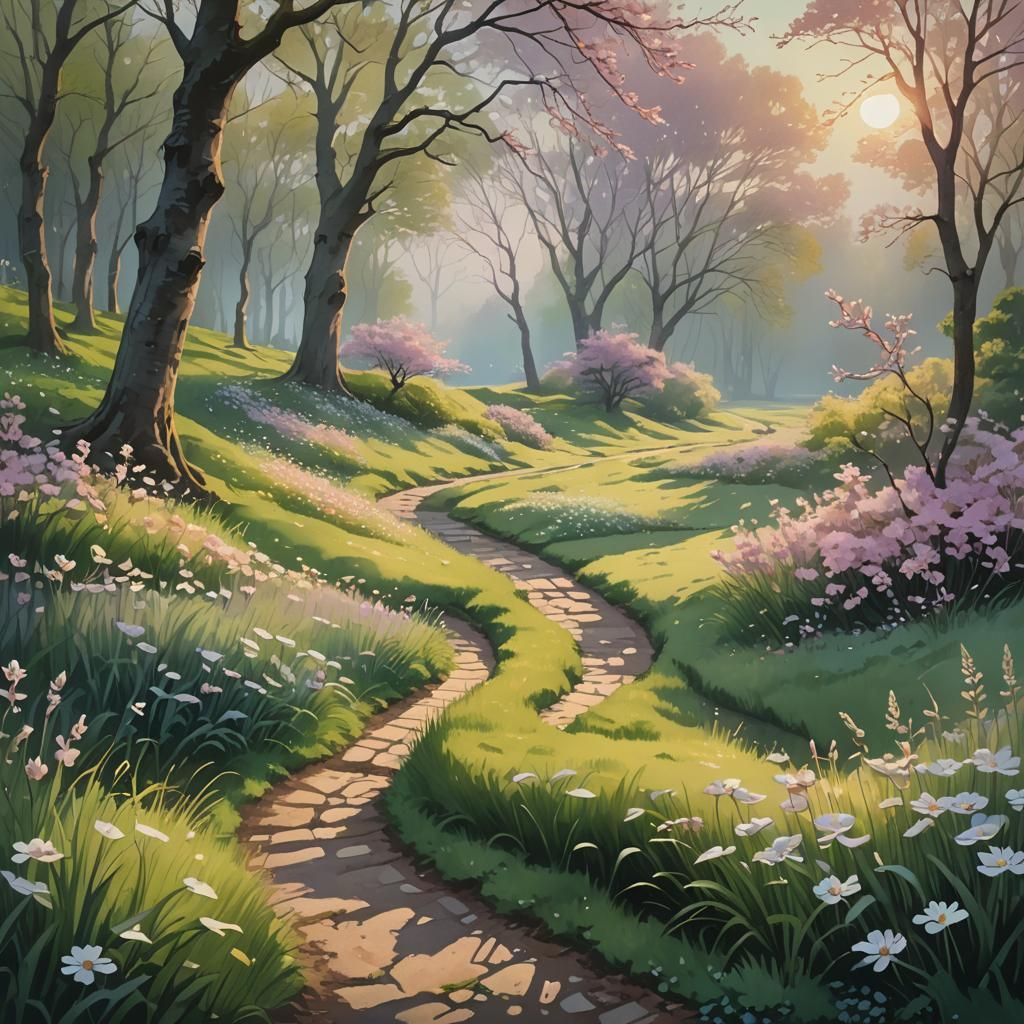 Spring Landscape with Winding Path in Gouache Style