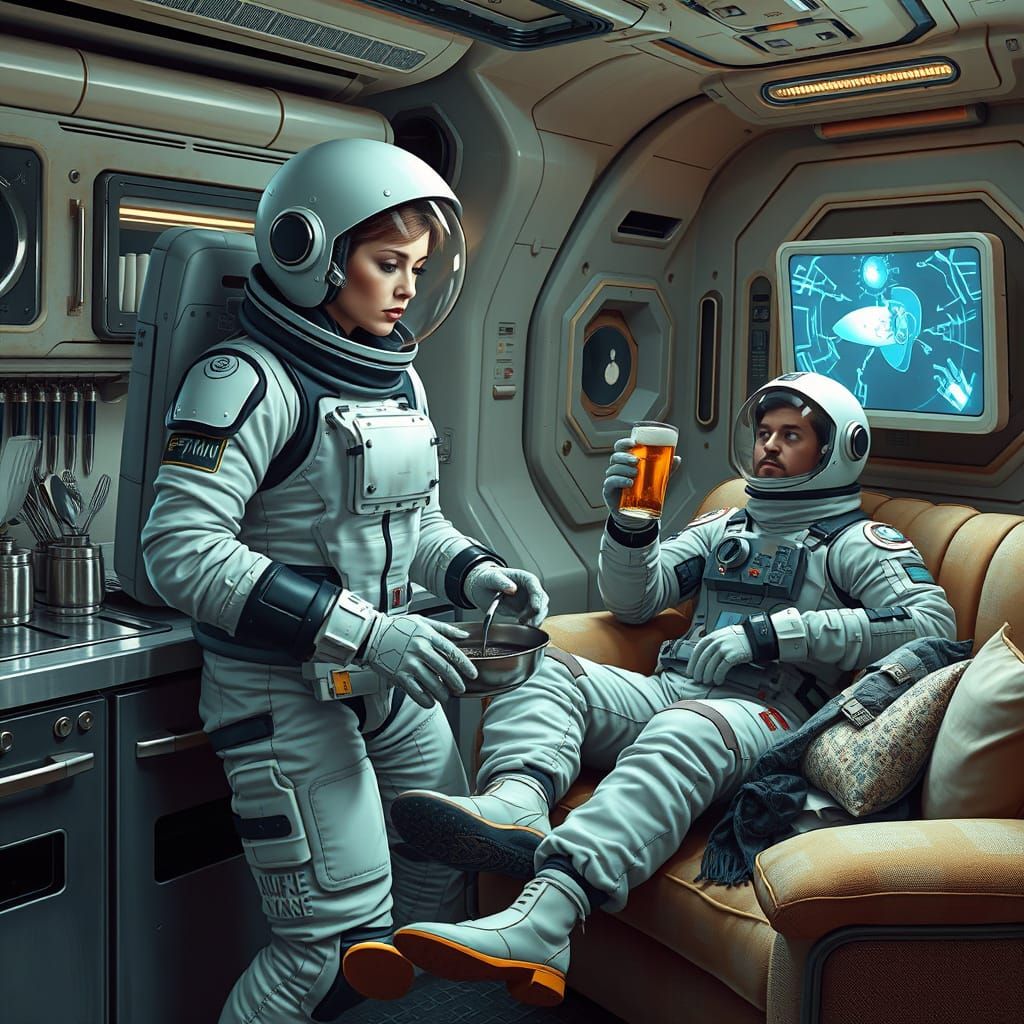 Astronaut woman in space suit cooking in the kitchen in space.