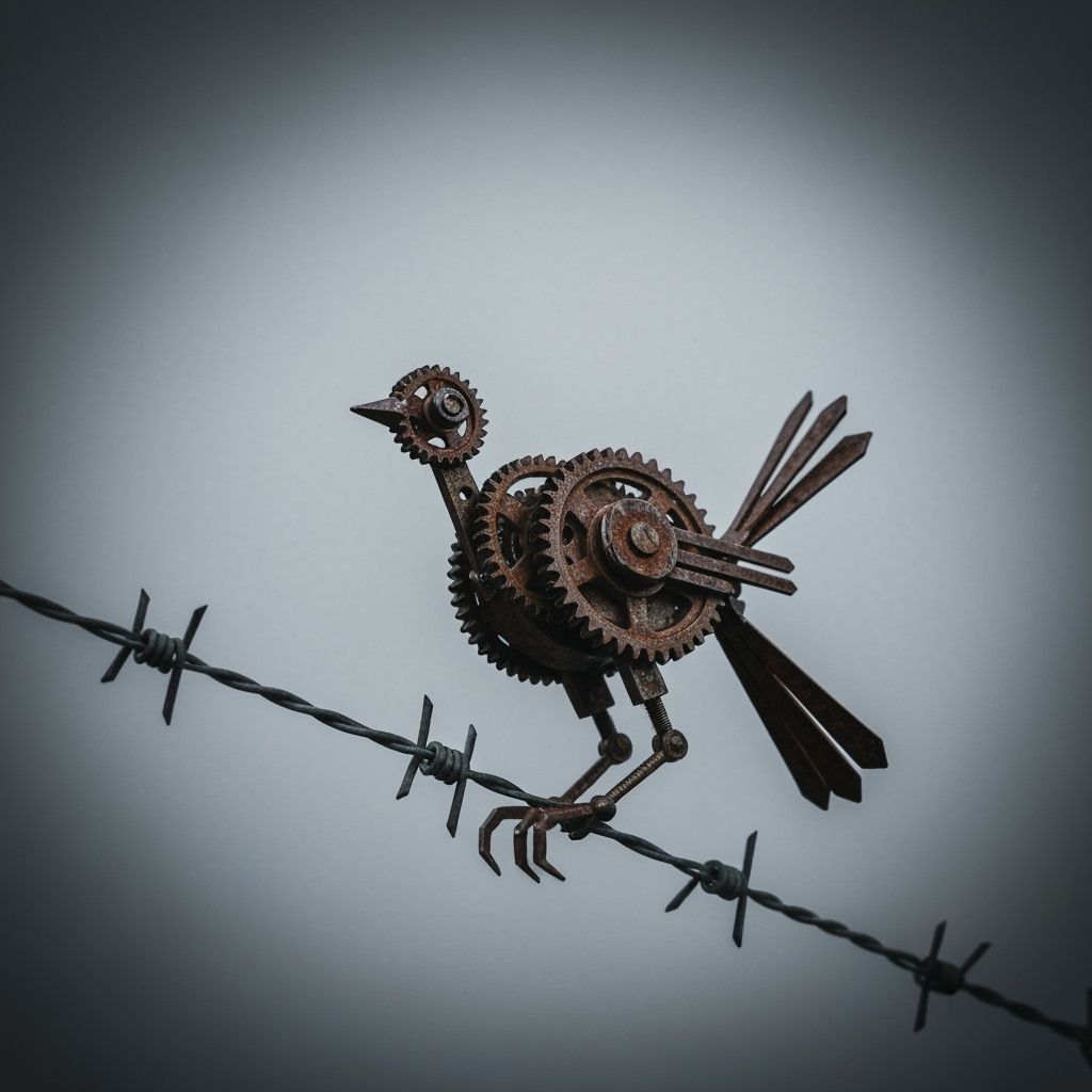 Intricate Metal Bird on Barbed Wire, Photorealistic