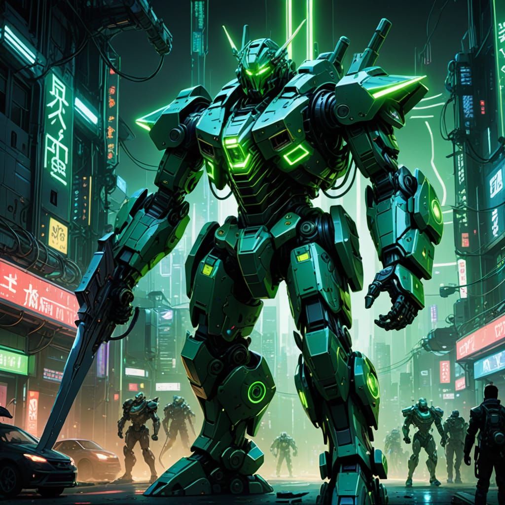 Glowing Mech Knight in Neon Cityscape