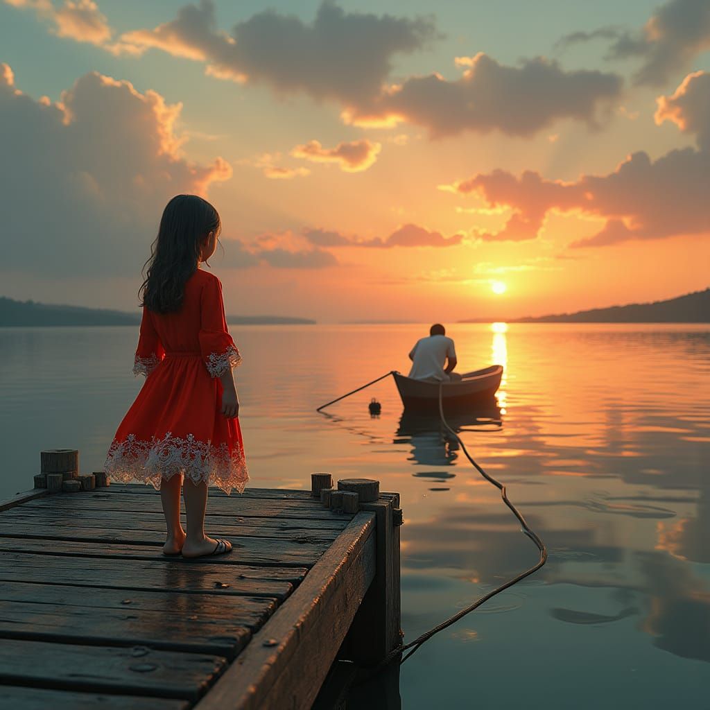 Girl Watches Man Drift Away at Sunset