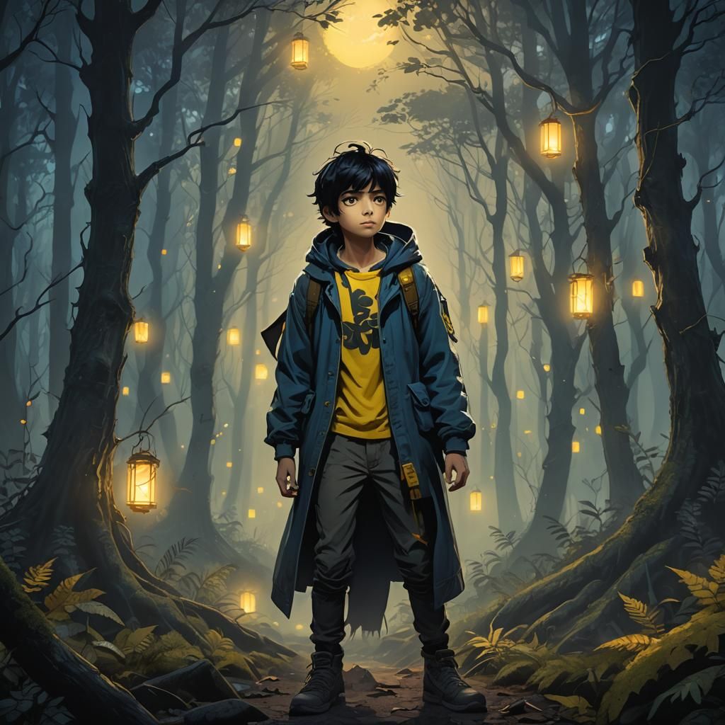 Mysterious Boy with Glowing Eyes in Misty Forest
