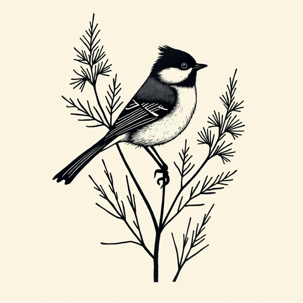 Chickadee tattoo design. surrounded by wildflowers. woodcut,...