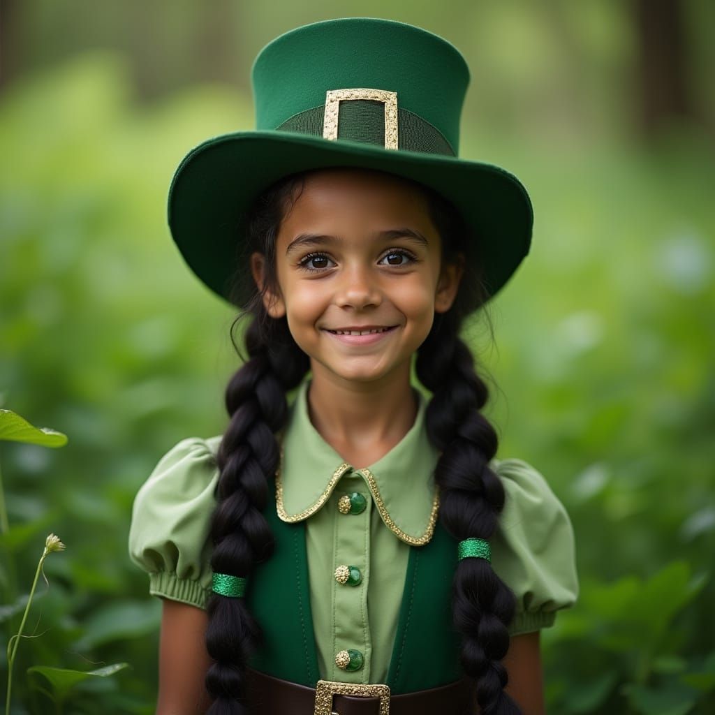 Girl in Emerald Leprecon Attire Poses in Lush Landscape