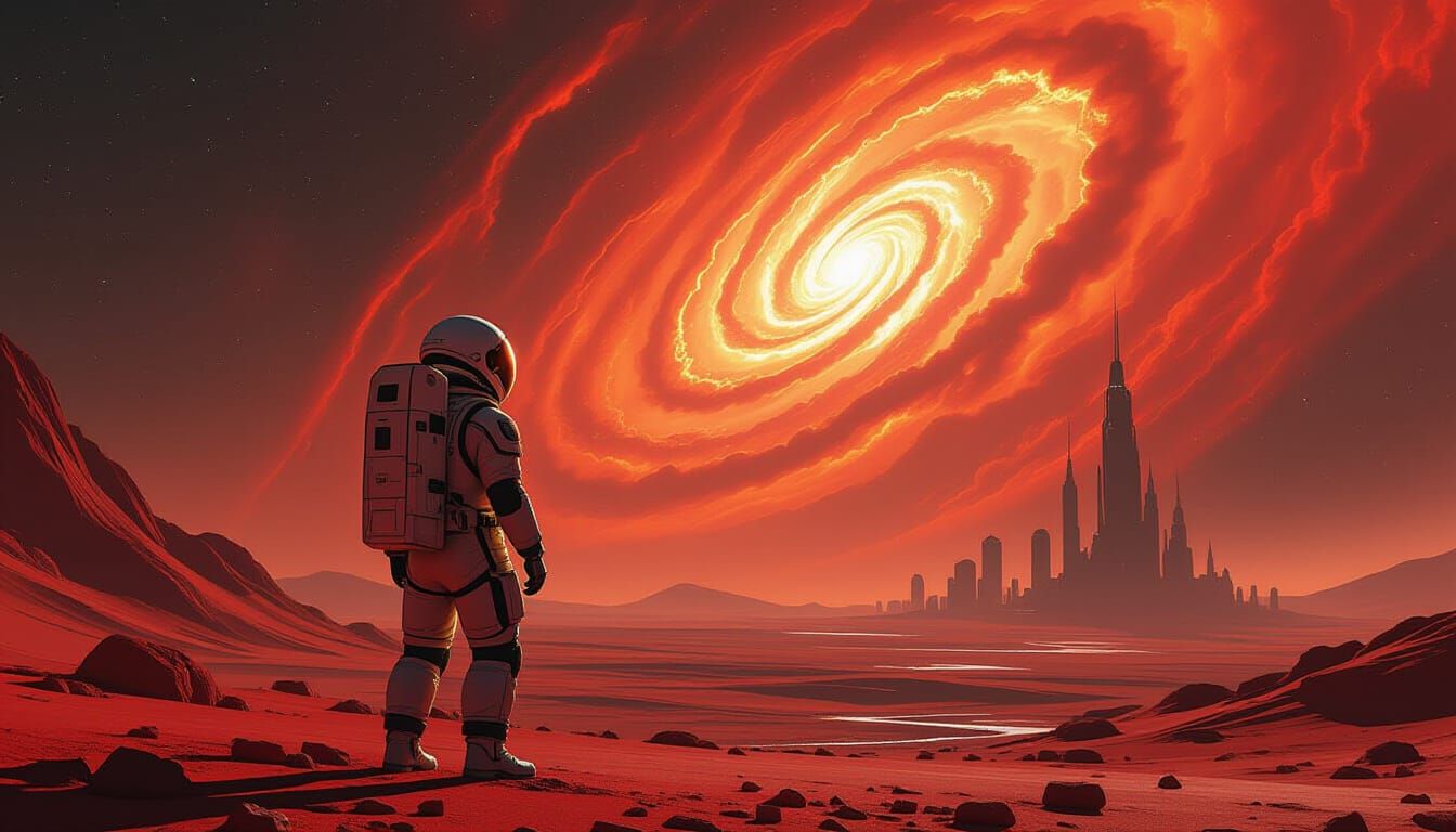 Astronaut on Red Planet Gazing at Nebula in Hyperrealism