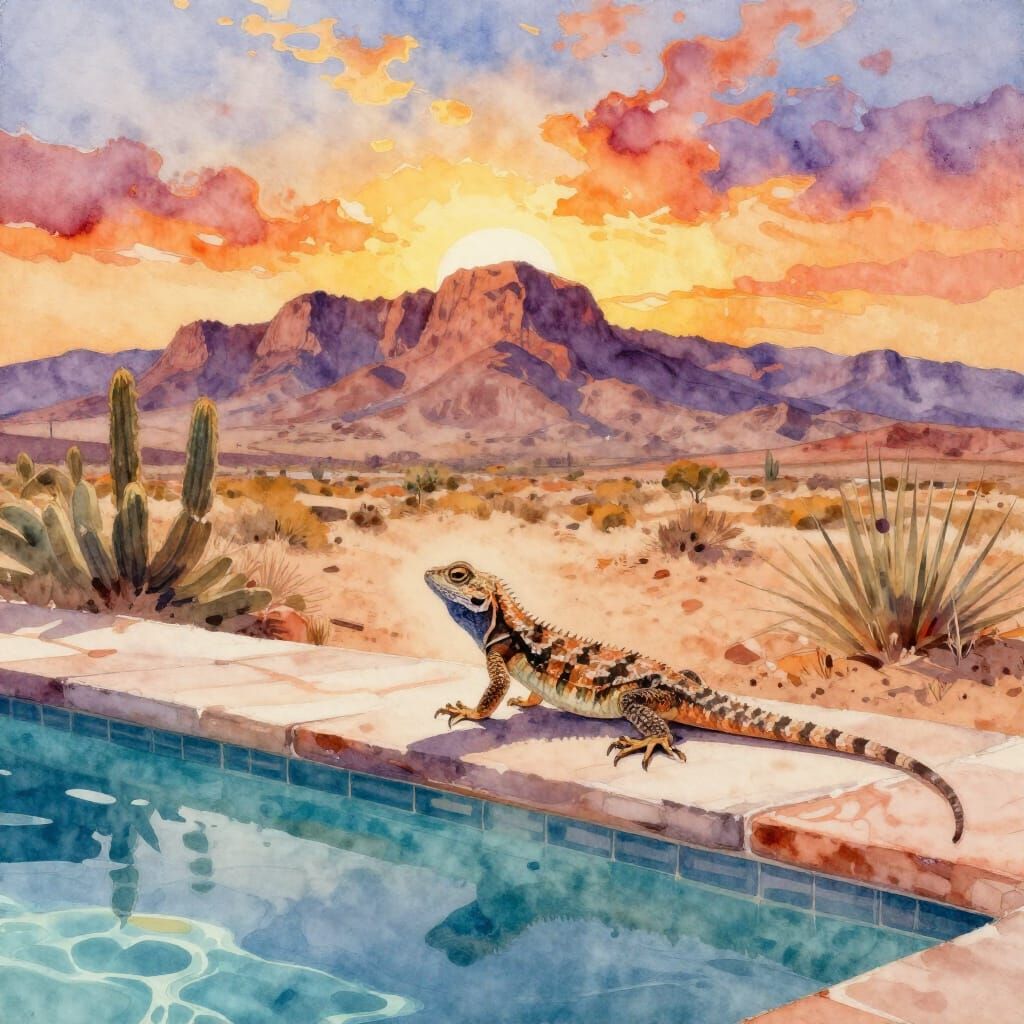 Sunrise Desert Landscape with Lizard and Pool in Watercolor