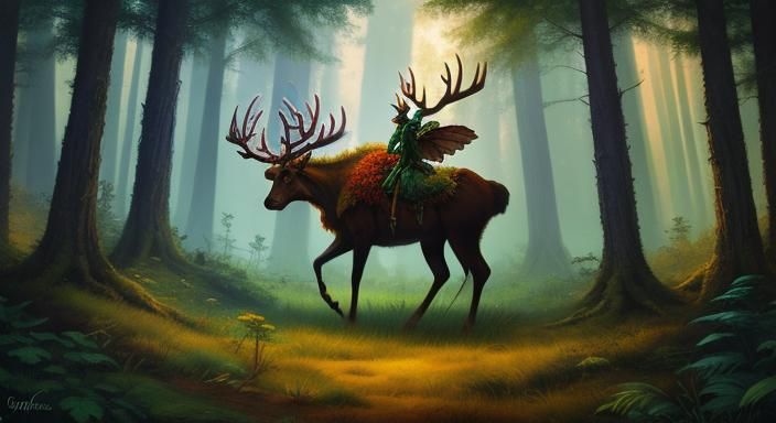 Antlered Humans in Mystical Forest, Abstract Art