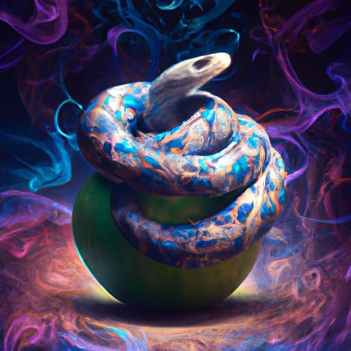 Psychedelic Apple with Snake in Space: Digital Illustration
