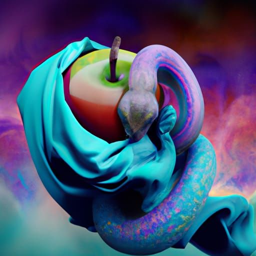 Psychedelic Apple and Snake in Space, Digital Illustration