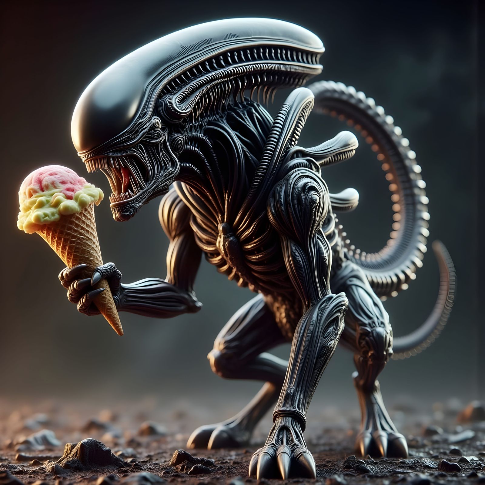 Cybernetic Canine Alien Enjoying Ice Cream