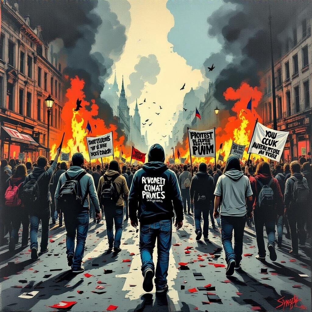 Chaotic City Revolution in Banksy Style