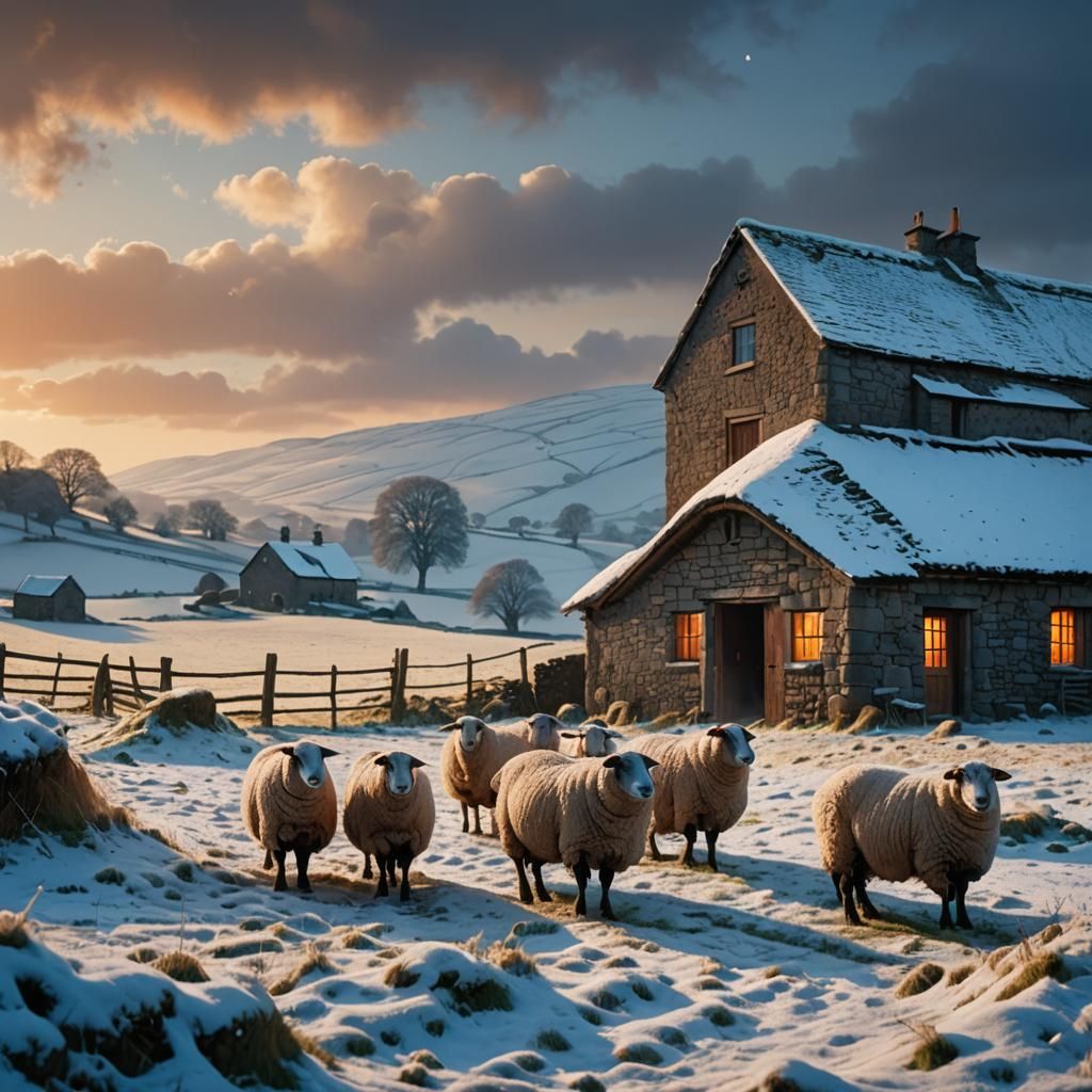 Sheep in Snowy Northern England Landscape