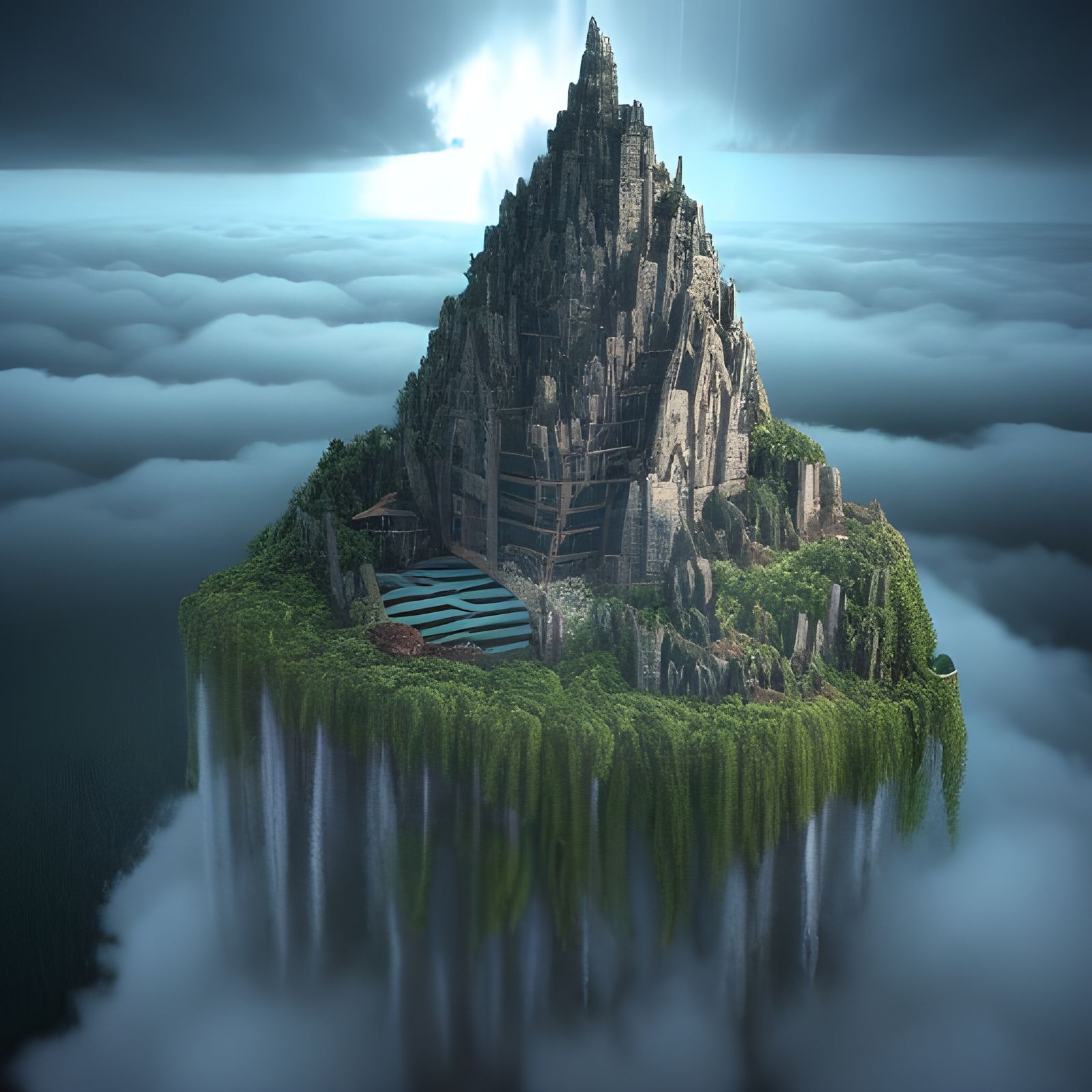 Floating Mountain Fortress in the Clouds: Digital Art