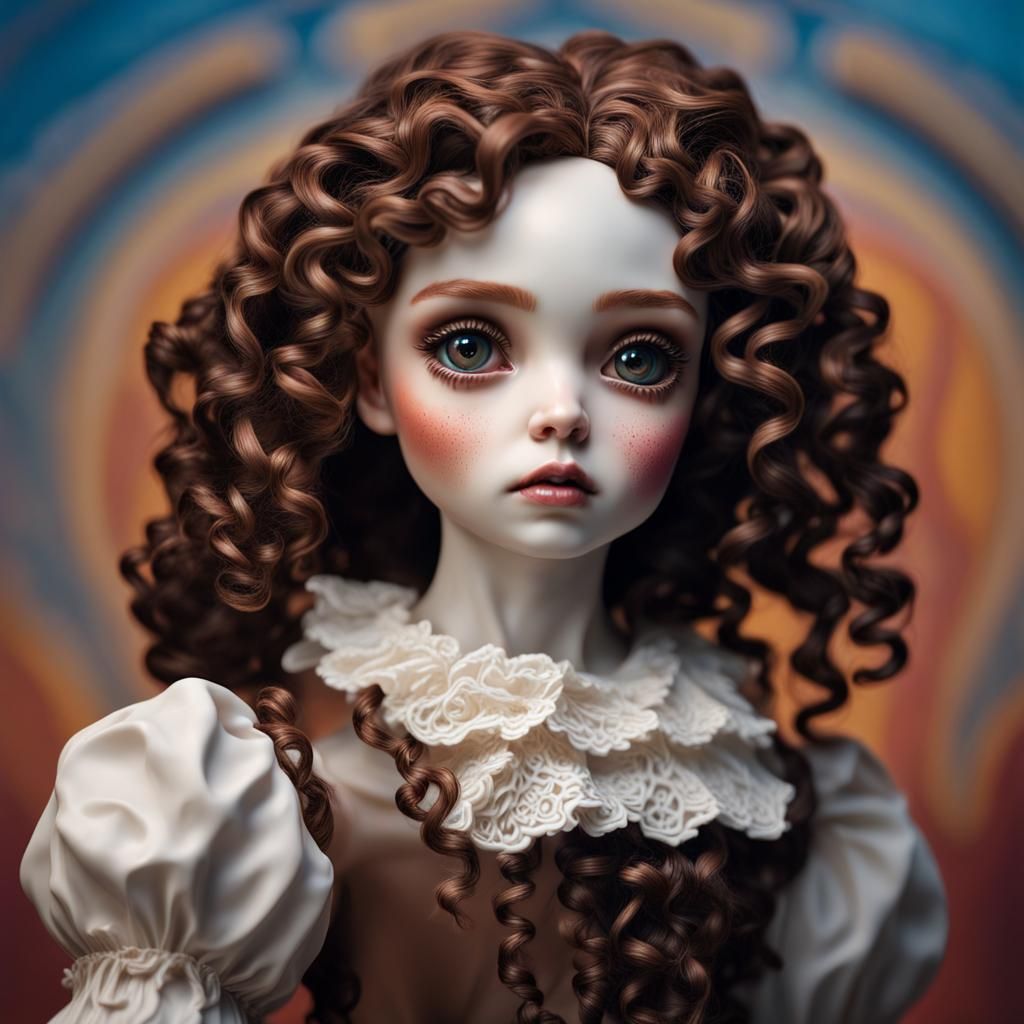 Unsettling Gothic Porcelain Doll in Hyperrealistic Style