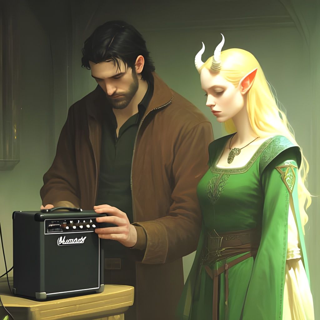 Man and Elf Examine Guitar Amp in Moody Digital Painting