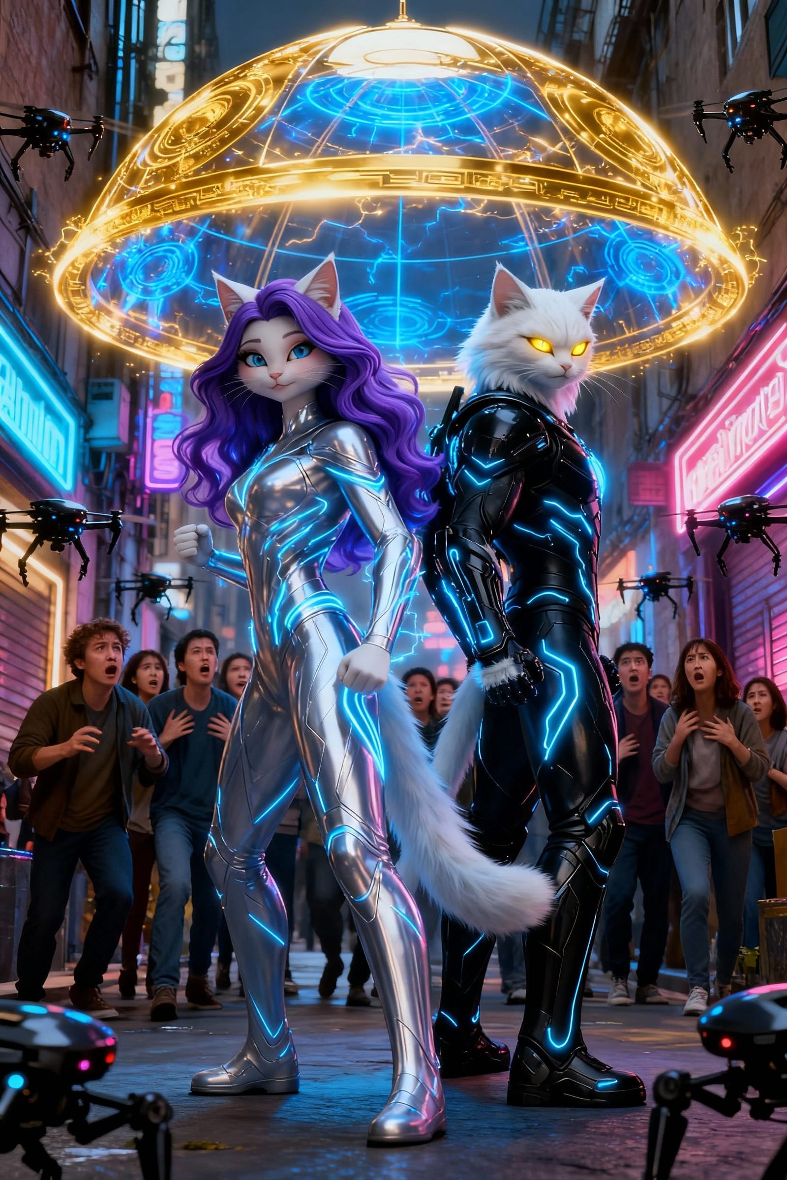 Heroes Defend Civilians From Drones in Neon Alley