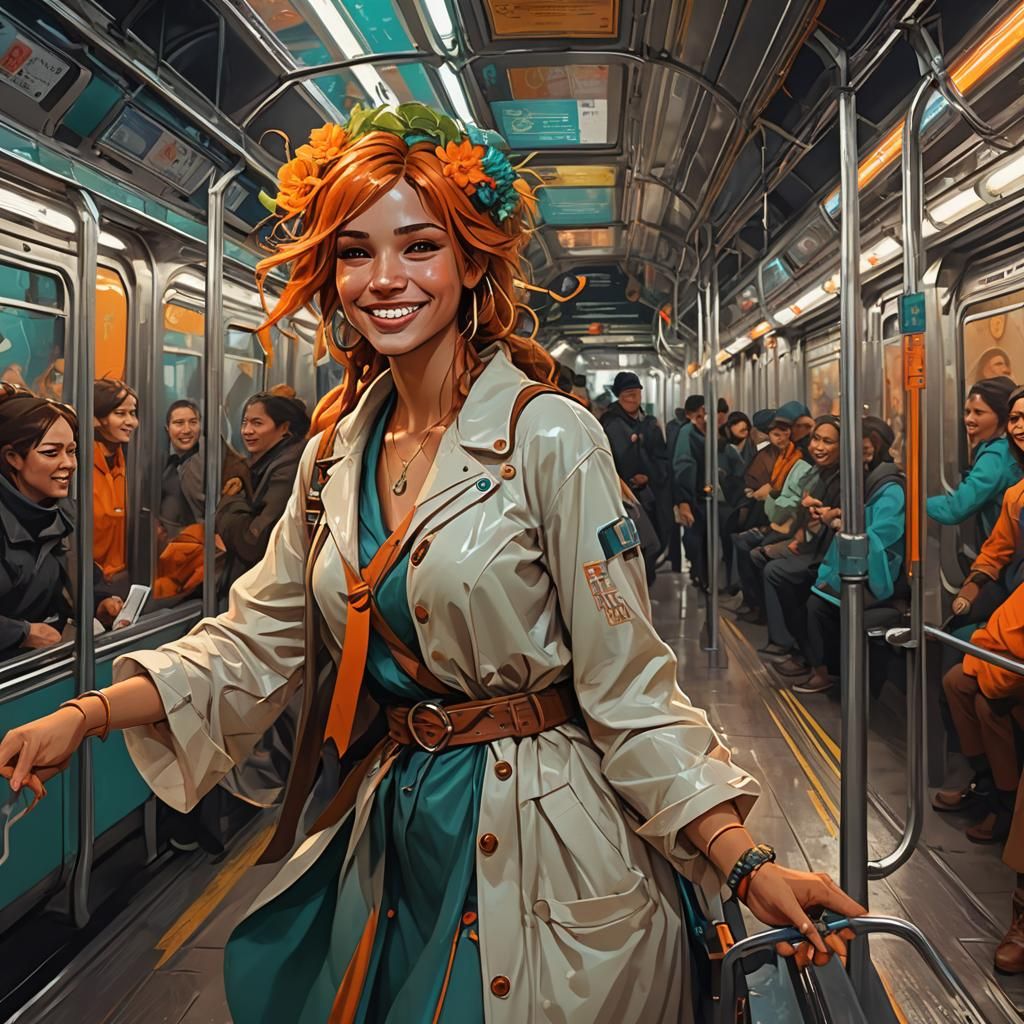 Subway Girl with Imaginary Paths, Hyperdetailed Concept Art