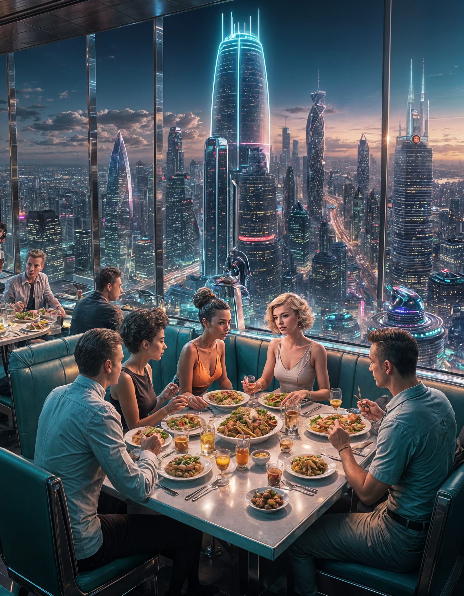 Retrofuturistic Skyscraper Restaurant at Night