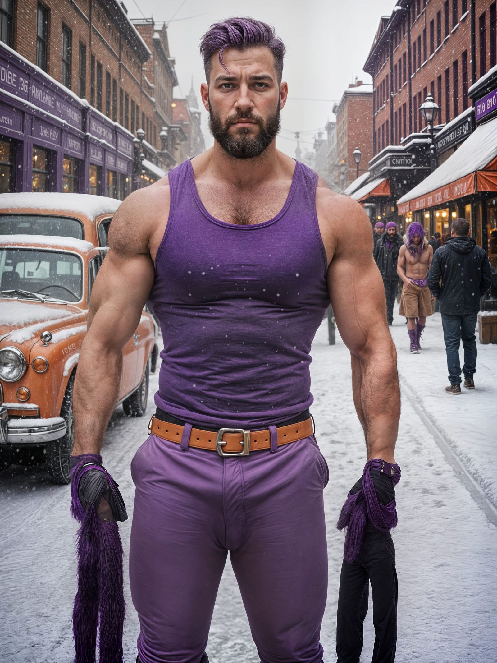 Dieselpunk Muscular Man Relaxing in Snowy City
