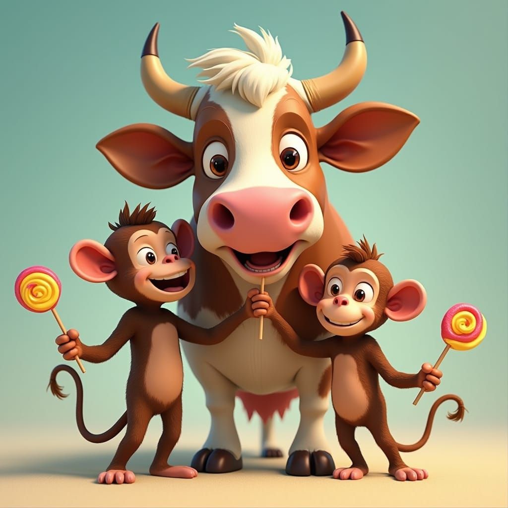 Vibrant Cow and Mischievous Monkeys Stand Together in Whimsi...