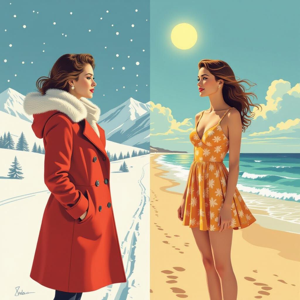 Dual Season Woman: Winter Snowscape Meets Summer Beach