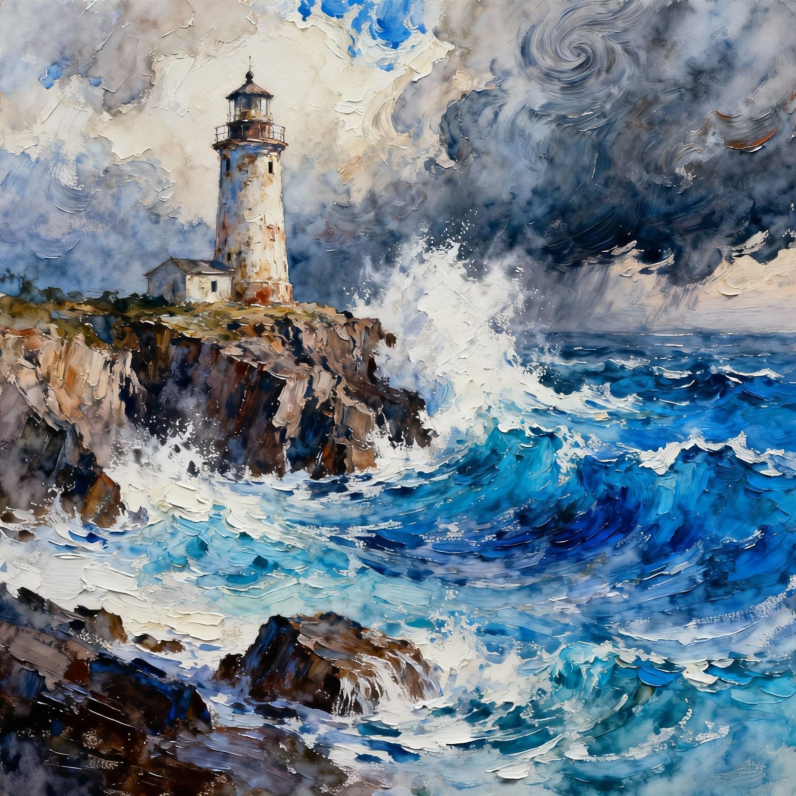Weathered Lighthouse on Stormy Cliffs in Gouache Style