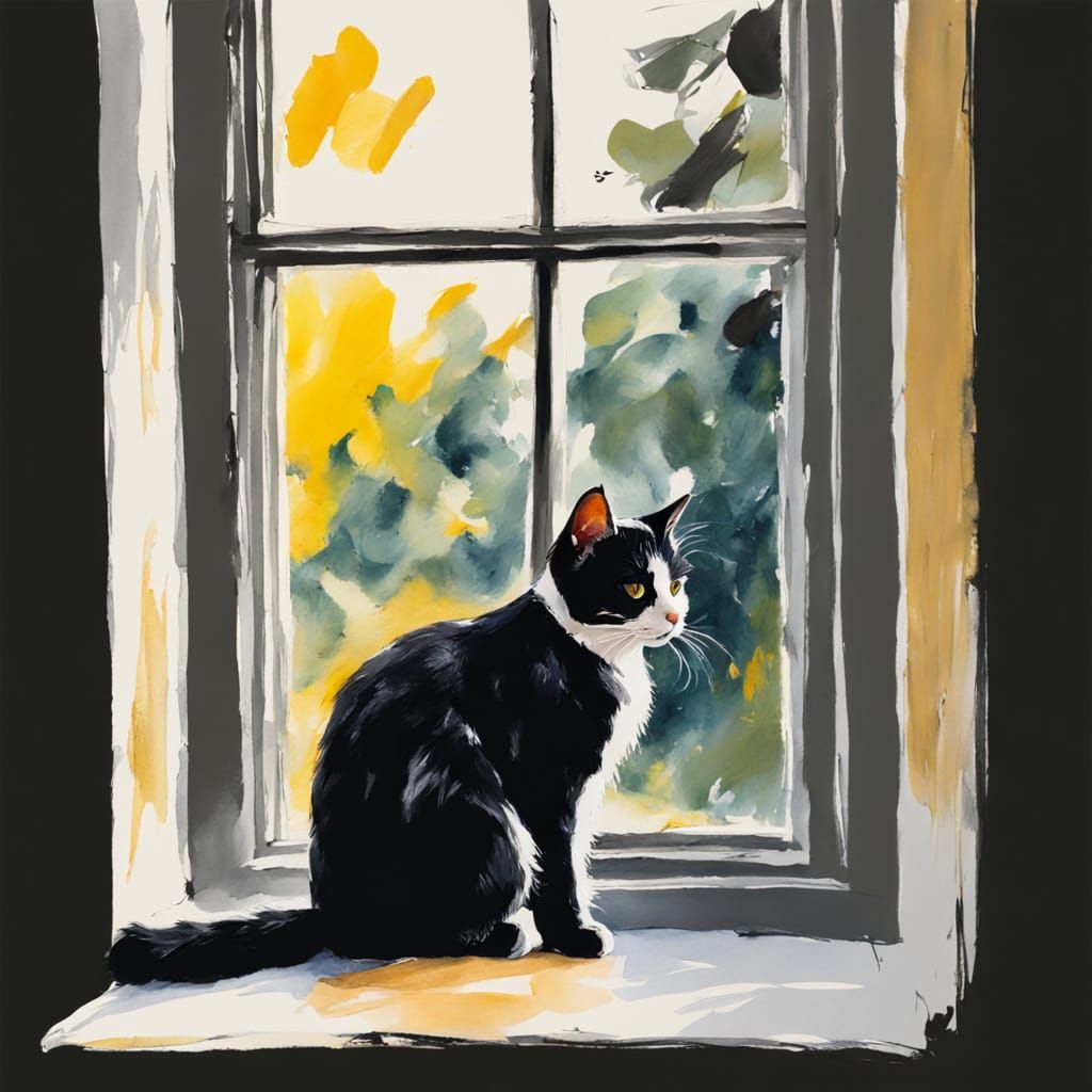 Vibrant Black and White Cat Portrait in Impressionist Style