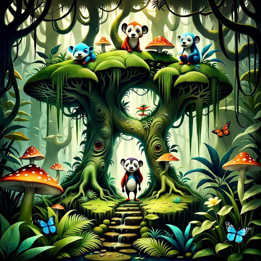 Whimsical Jungle Dreamscape: Magical Realism Illustration