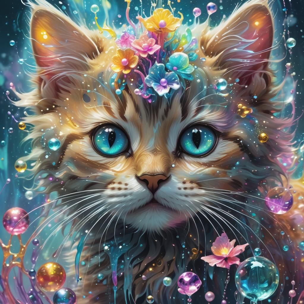 Liquid Kitten Elemental in Iridescent Ink Splatter Art