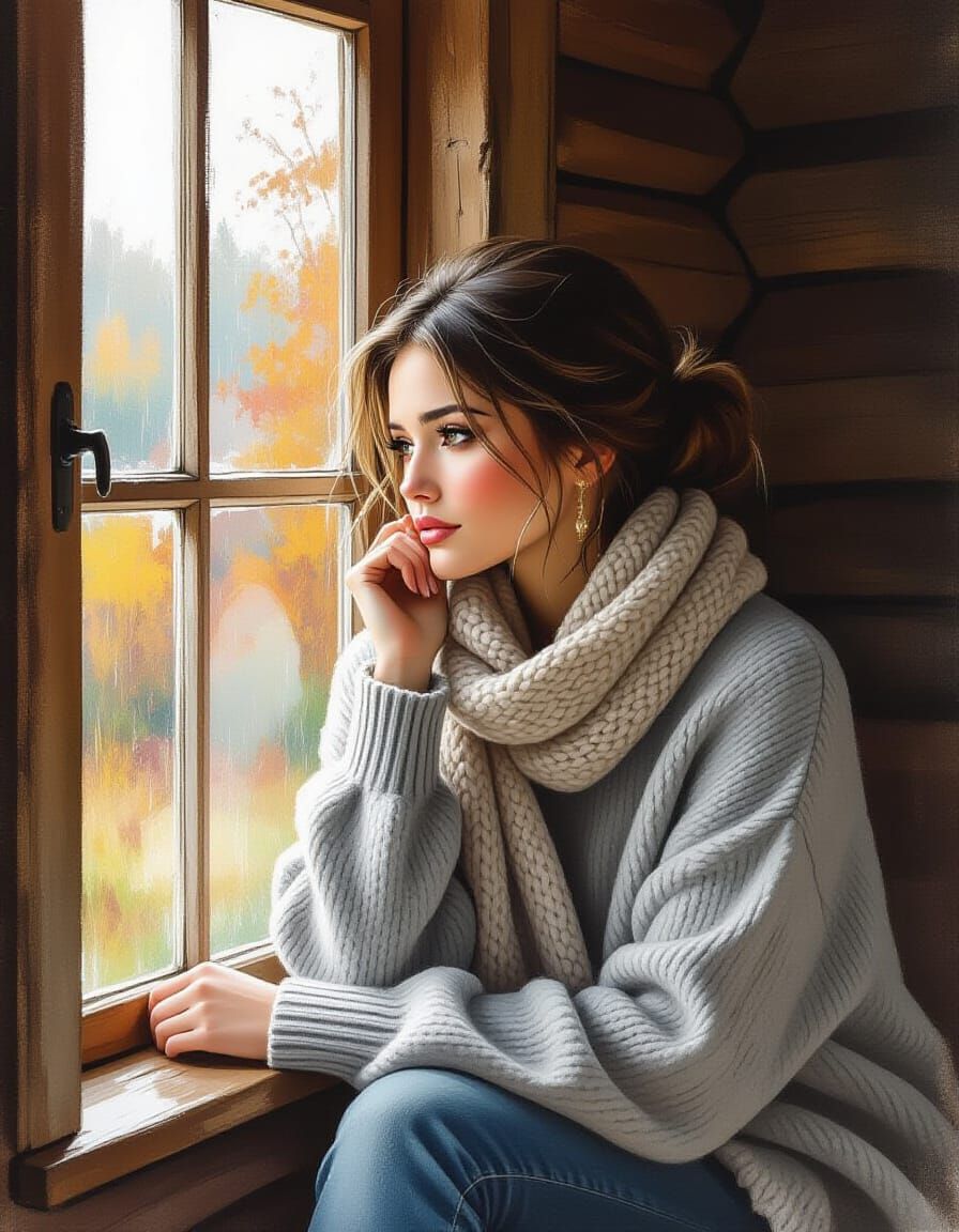 Woman Gazing Out Rainy Window in Rustic Cottage