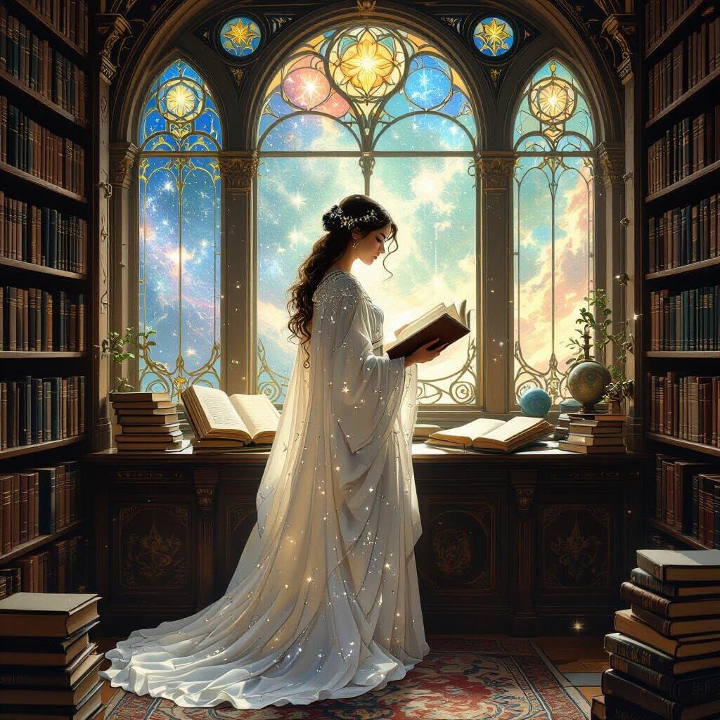 Celestial Librarian in Art Nouveau Style