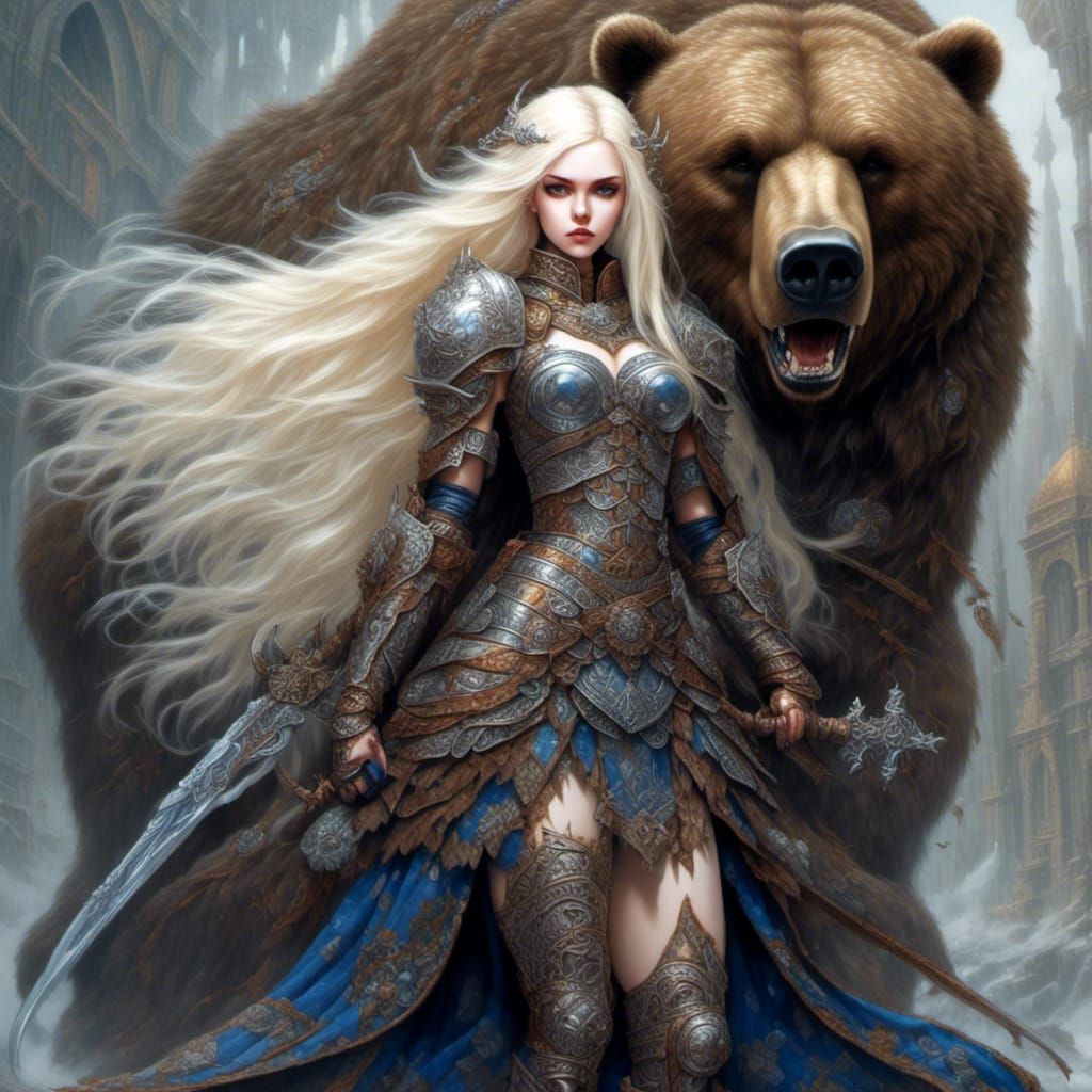 Princess Warrior with Bear in Fantasy Style