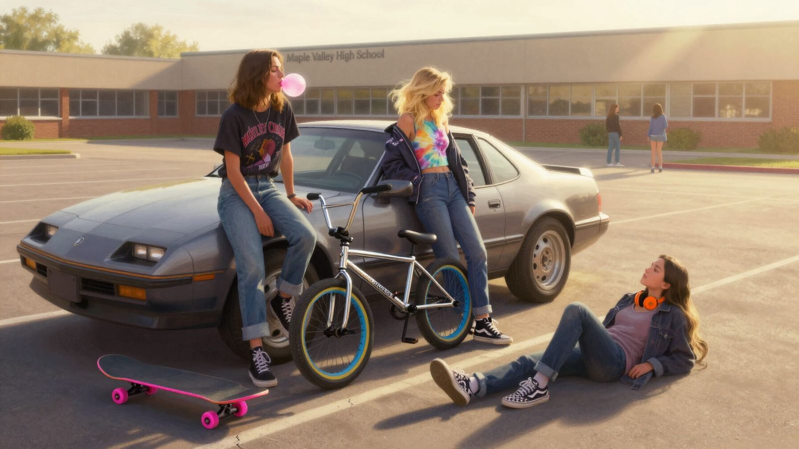 Teenagers at High School Parking Lot at Magic Hour