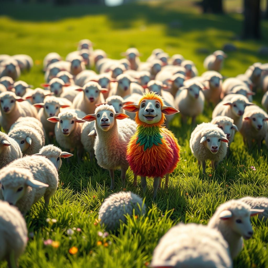 Whimsical White Sheep in Vibrant Green Meadow