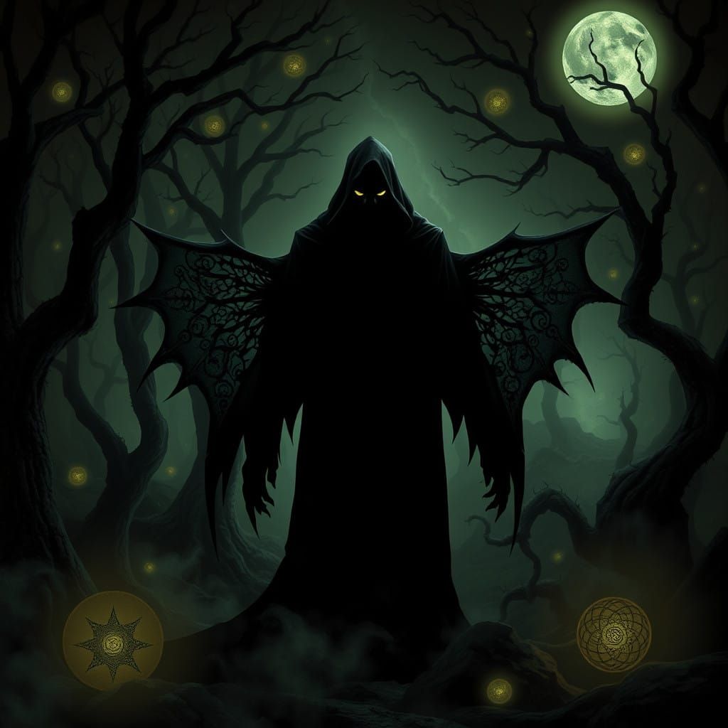 Dark Figure Emerges from Shadowy Mystical Forest in Cyberpun...