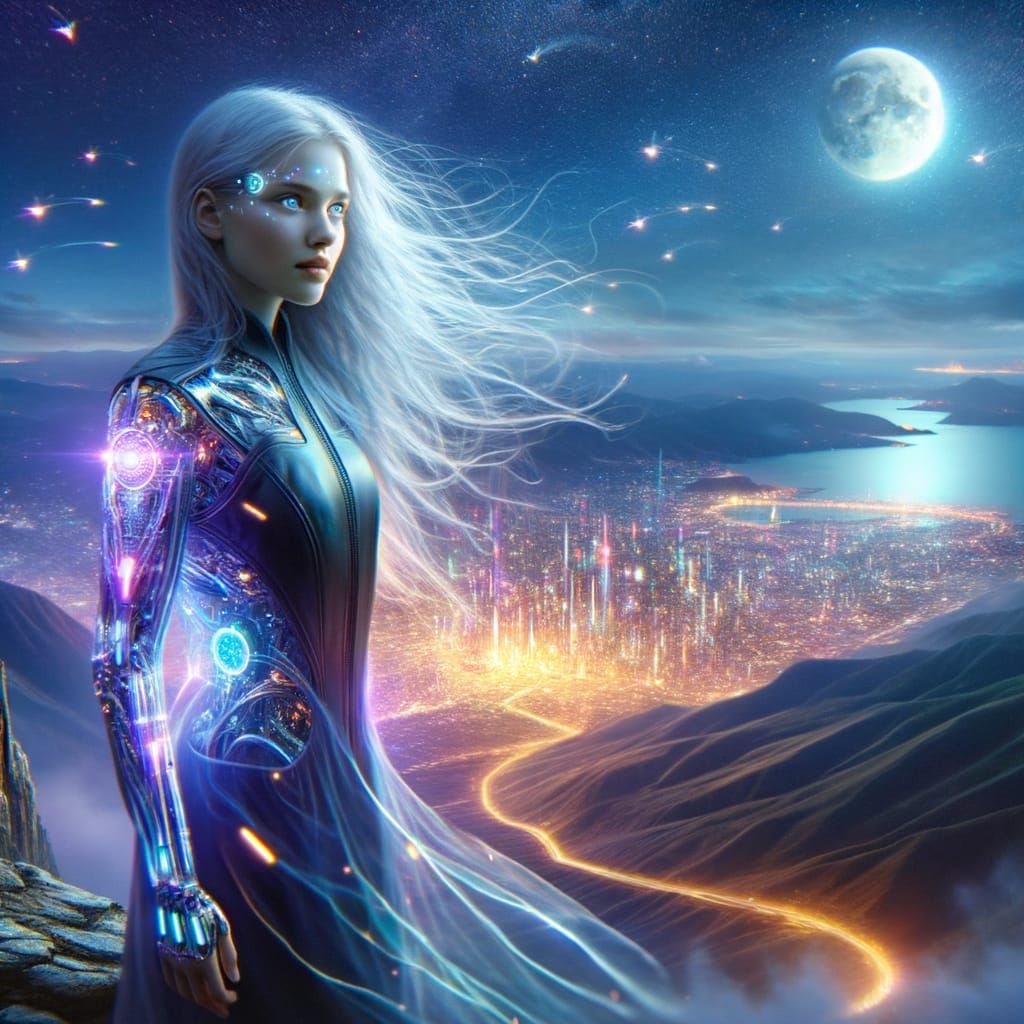 Cyberpunk Slavic Woman Gazing at Future City