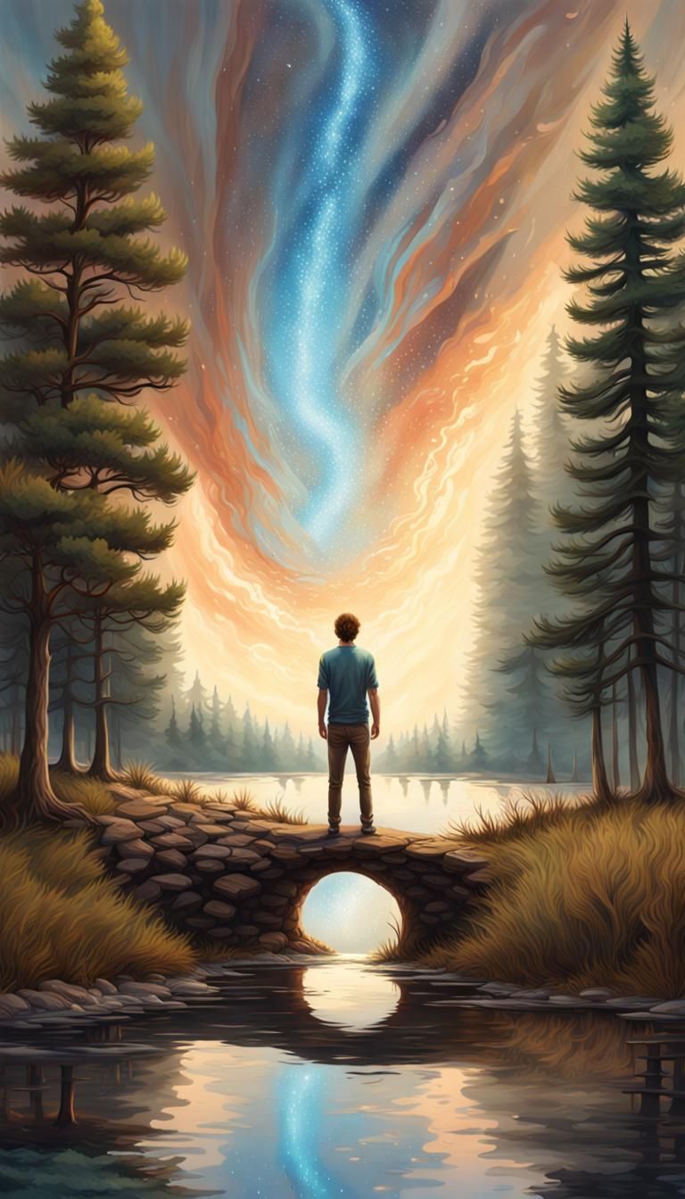 Man Gazing at Pond with Cosmic Vortex, Hyperrealistic