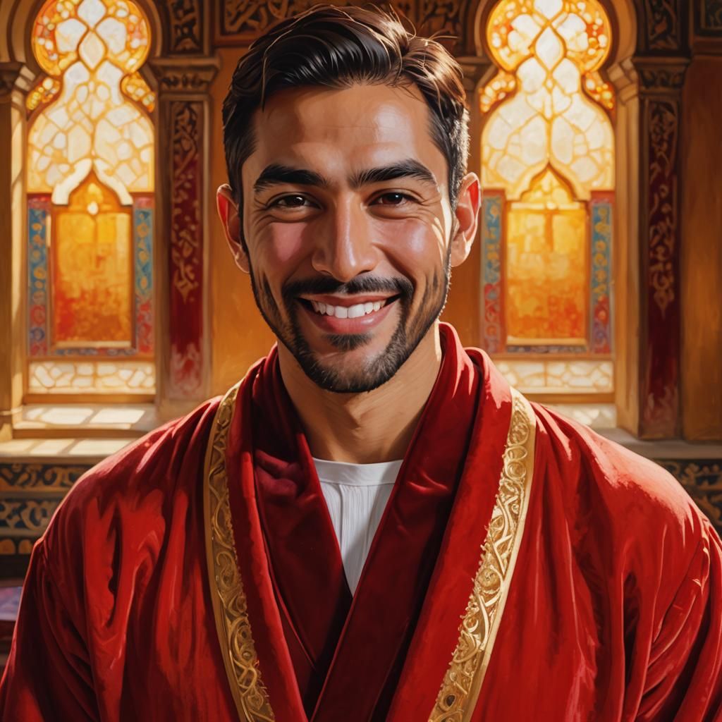 Joyful Man in Red Velvet Robe, Oil Painting Style