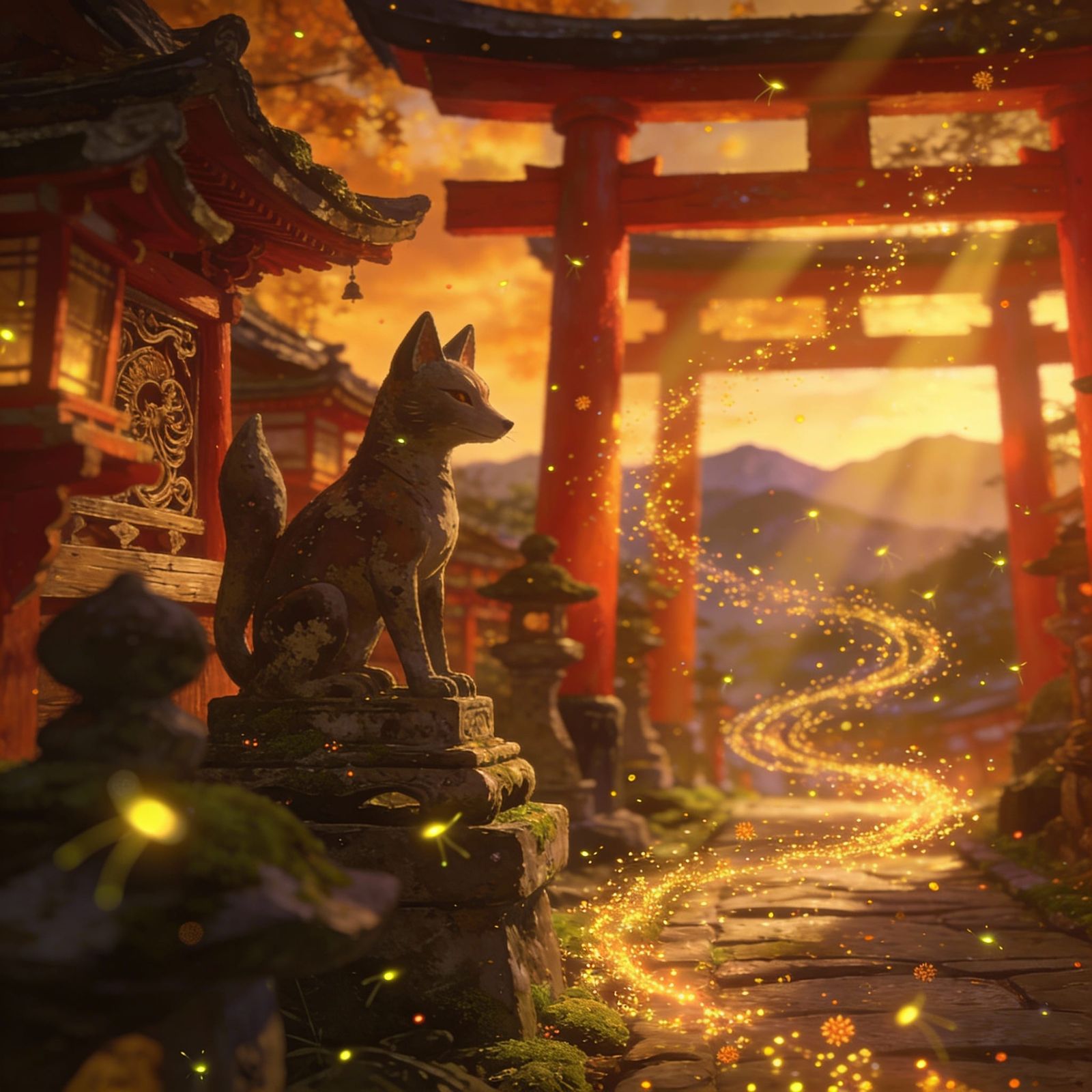Ancient Kyoto Shrine at Golden Hour with Fireflies