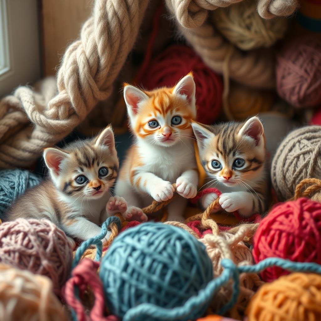 Playful Kittens with Colorful Wool, Whimsical Illustration