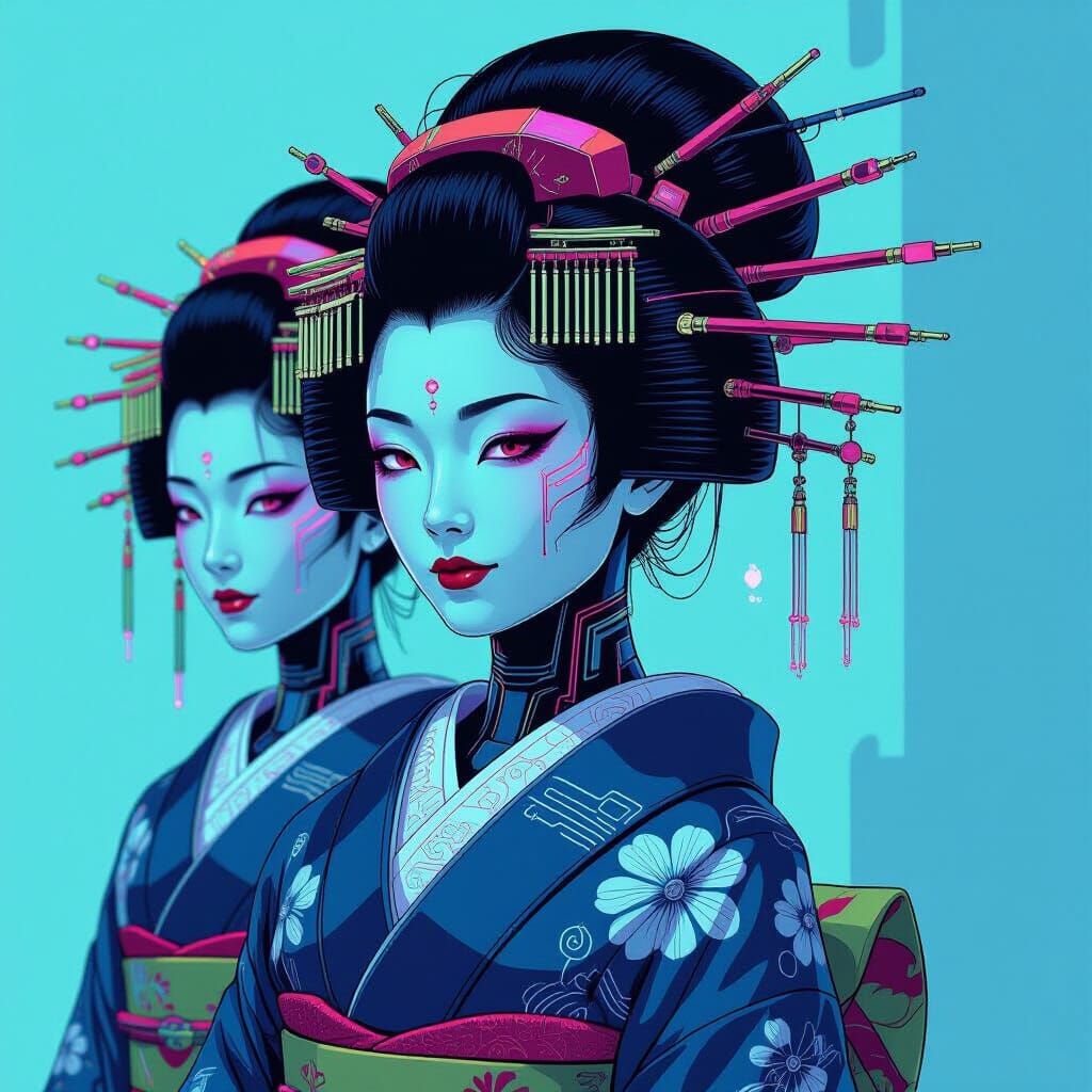 Android Geishas with Glowing Circuits in High-Tech Style