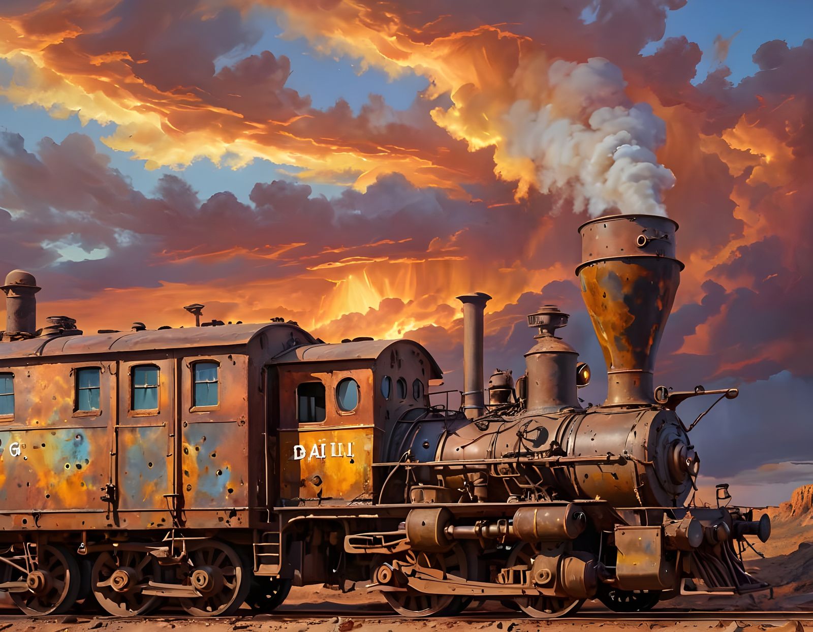 Surreal Desert Landscape with Rusty Locomotive