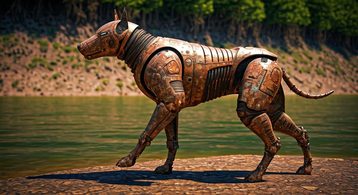 Robot Dog Walks Along Mara River in Sci-Fi Style
