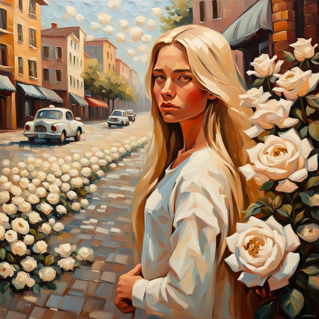 Woman Surrounded by Roses: an Impasto Painting