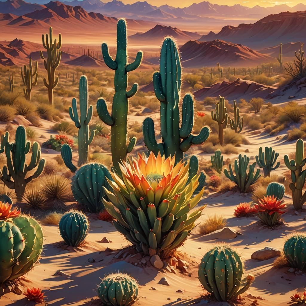 Glass Cactus in Mystical Desert Landscape
