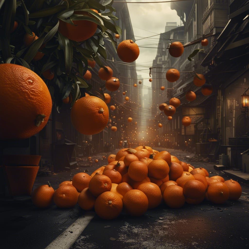 Oranges Rolling Down a Busy Street