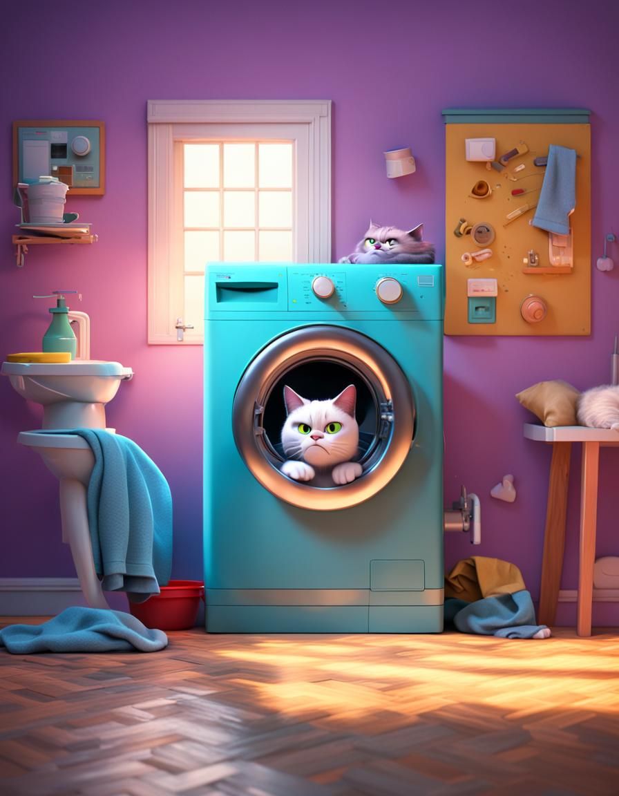 Angry Cat in Washing Machine: Pixar-Style 3D Art