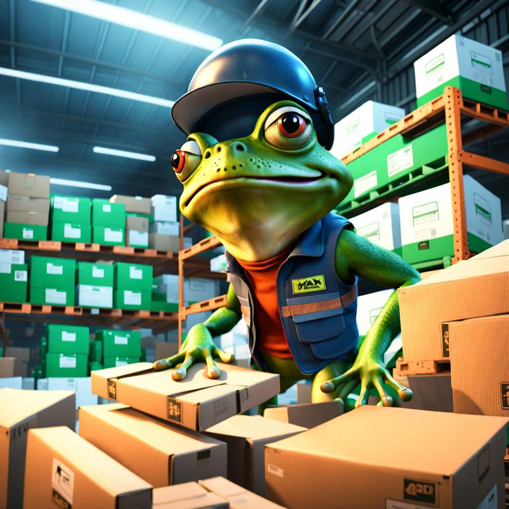 Frog Warehouse Worker in Pixar-Style 3D Art