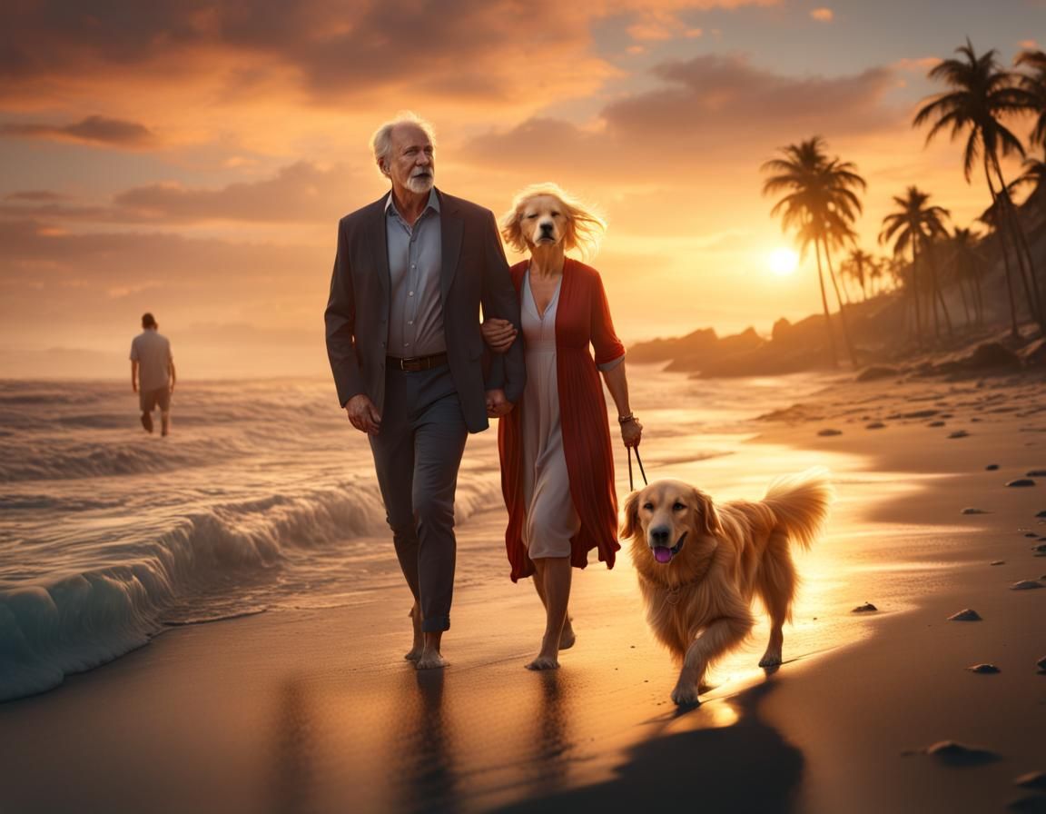 Golden Retriever Sunset Walk: Detailed Matte Painting
