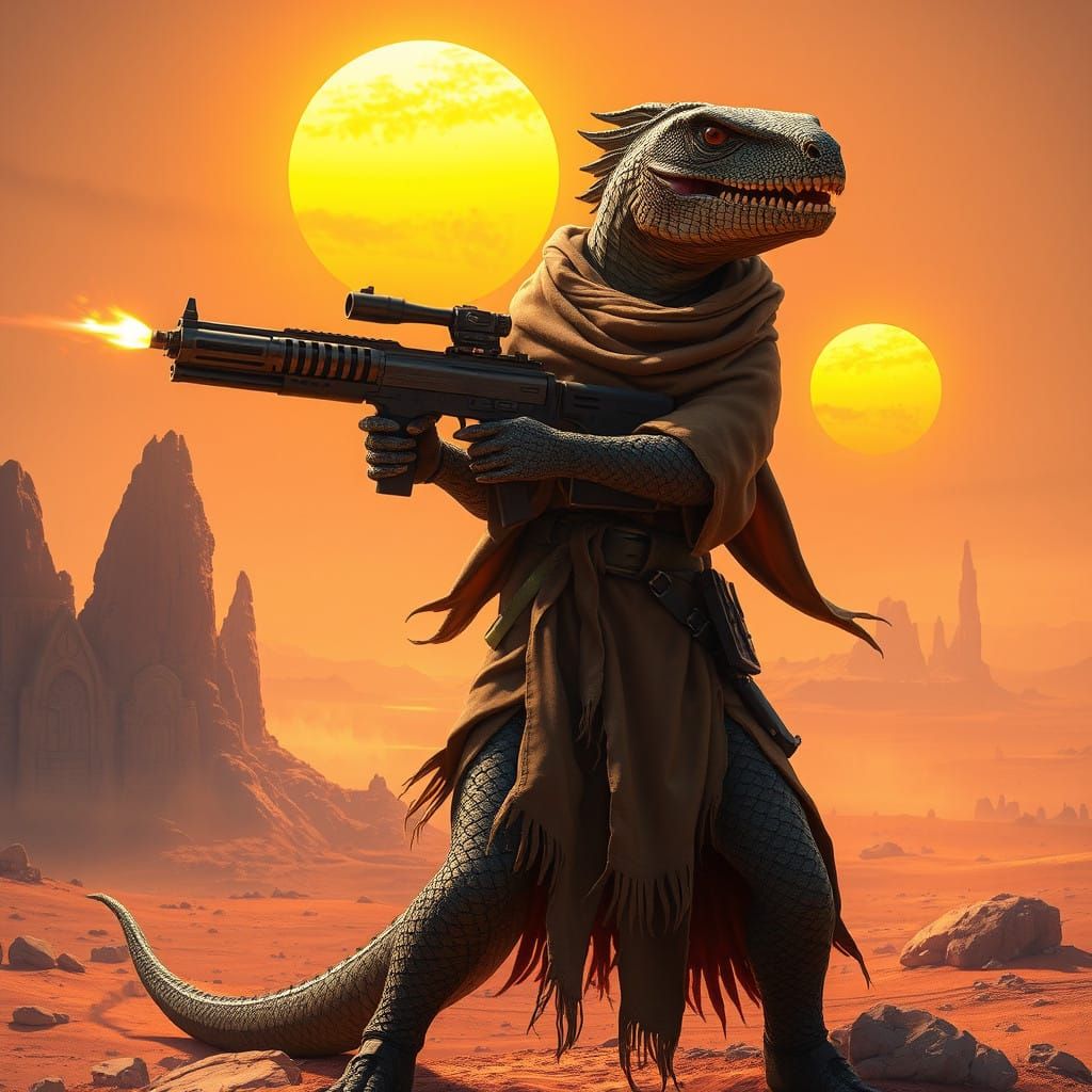 Majestic Reptilian Bounty Hunter in Desert Sunset, Inspired ...